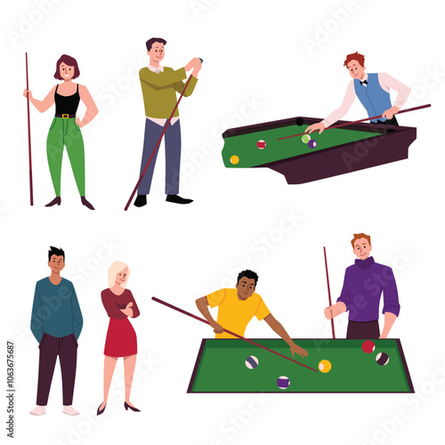 Young adults playing billiards vector illustration set