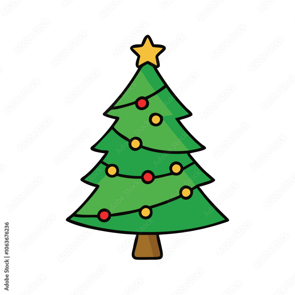 Decorated Christmas tree with star topper, Illustration of a decorated Christmas tree with colorful ornaments and a star on top, symbolizing holiday spirit and festive decor. Decorated Christmas tree with star topper, Illustration of a decorated Christmas tree with colorful ornaments and a star on top, symbolizing holiday spirit and festive decor.