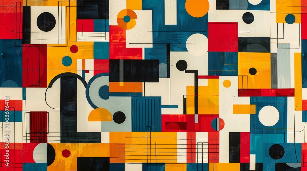 A modern Swiss geometry print with a mix of geometric shapes, including rectangles, squares, and circles A modern Swiss geometry print with a mix of geometric shapes, including rectangles, squares, and circles