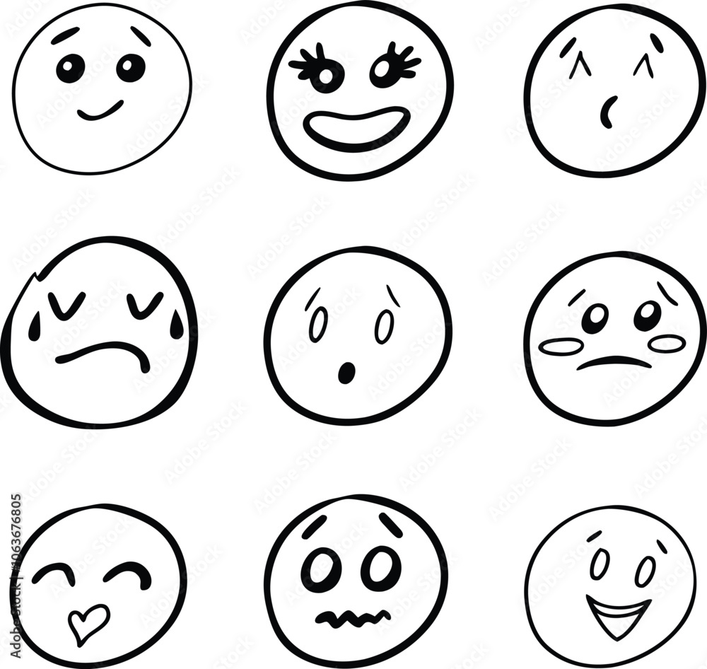 collection of hand drawn emojis faces doodle emotion vector illustration collection of hand drawn emojis faces doodle emotion vector illustration