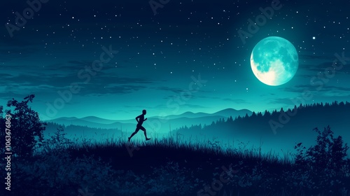 Silhouetted Runner Crossing a Hilltop Under Moonlight