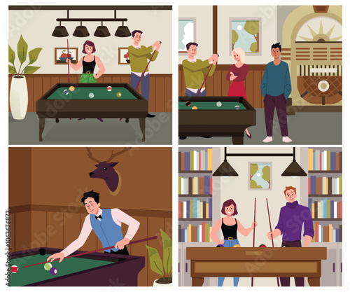 Cozy indoor billiards scenes vector illustration set