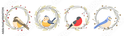 Set of Christmas wreaths with branches and berries and winter birds. Vector illustration