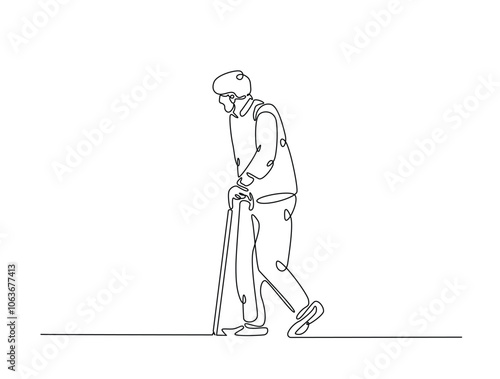 Continuous one line drawing of an elderly man walk using cane walking. Editable vector.
