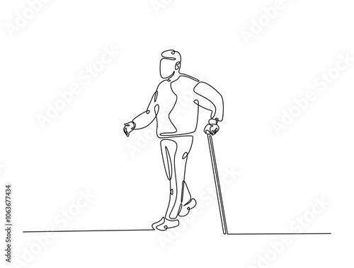 Continuous one line drawing of an elderly man walk using cane walking. Editable vector.