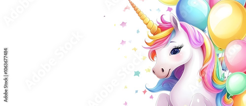 Magical Unicorn with Rainbow Mane and Balloons Illustration