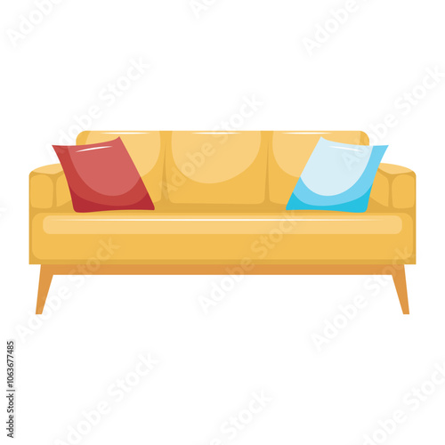 Yellow sofa with cushions in flat design. Couch for living room interior. Vector illustration isolated.