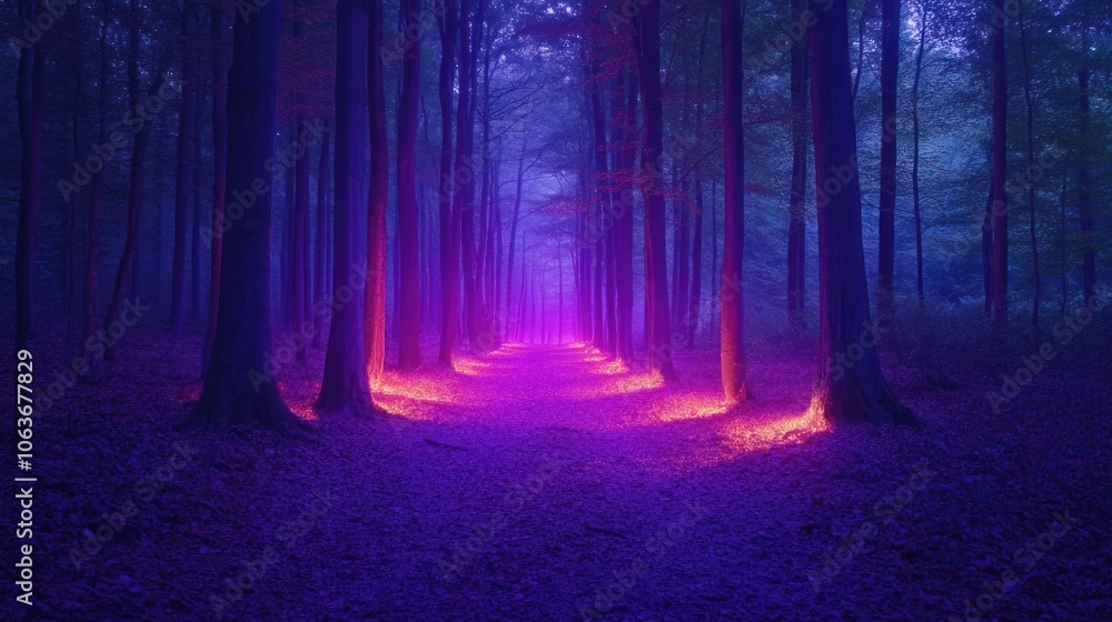 Fototapeta premium A mystical path through a foggy forest illuminated by a vibrant pink glow.