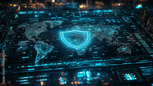 Cybersecurity Concept with World Map and Shield