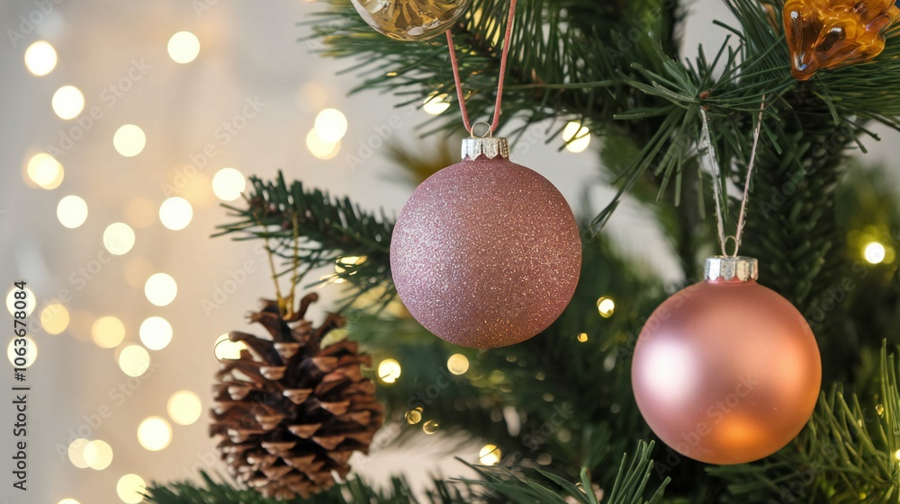Pink Christmas Ornaments on a Decorated Tree with Lights Pink Christmas Ornaments on a Decorated Tree with Lights