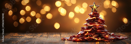 A Christmas tree made of pieces of meat, ham, meat products, sausages. Blurred New Year's background