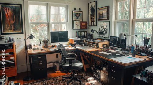 An artist's home office featuring a large desk, sketching tools, and an organized space for creative work and digital design. photo