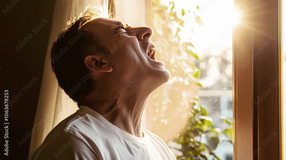 Man expressing emotions by a sunlit window Man expressing emotions by a sunlit window