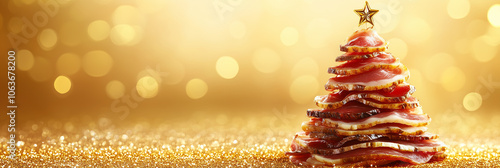 A Christmas tree made of pieces of meat, ham, meat products, sausages. Blurred New Year's background