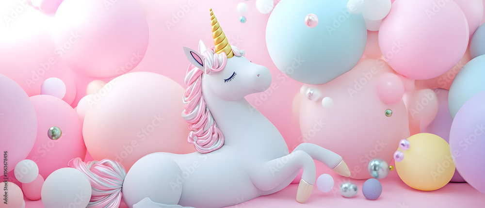 Dreamy Unicorn Surrounded by Pastel Balloons Dreamy Unicorn Surrounded by Pastel Balloons