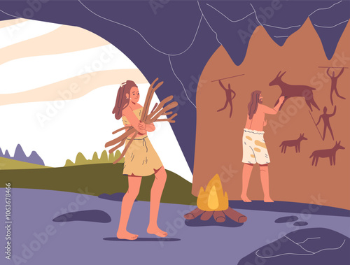Stone Age People Engaged In Daily Life With One Carrying Wood And Another Creating Cave Art Inside A Rock Shelter
