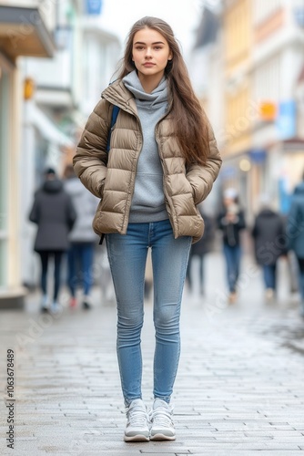 Walking confidently in a trendy outfit, the model showcases a cozy jacket paired with a hoodie, skinny jeans, and fashionable sneakers. The urban street setting adds a vibrant backdrop to her chic str photo