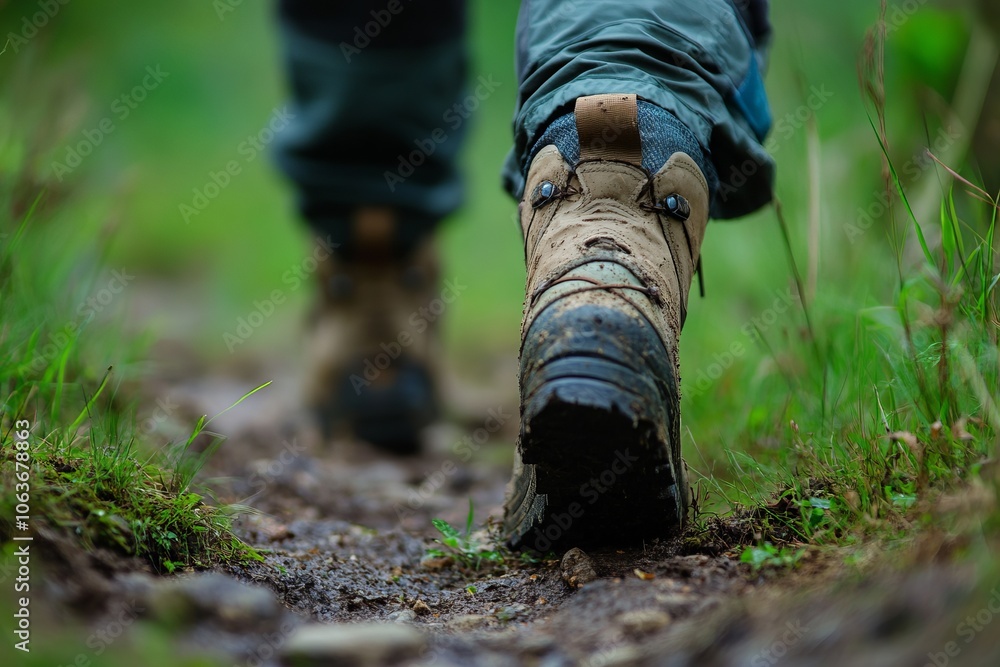 Hiking Boots on a Muddy Trail: Close-up of Outdoor Adventure Hiking Boots on a Muddy Trail: Close-up of Outdoor Adventure
