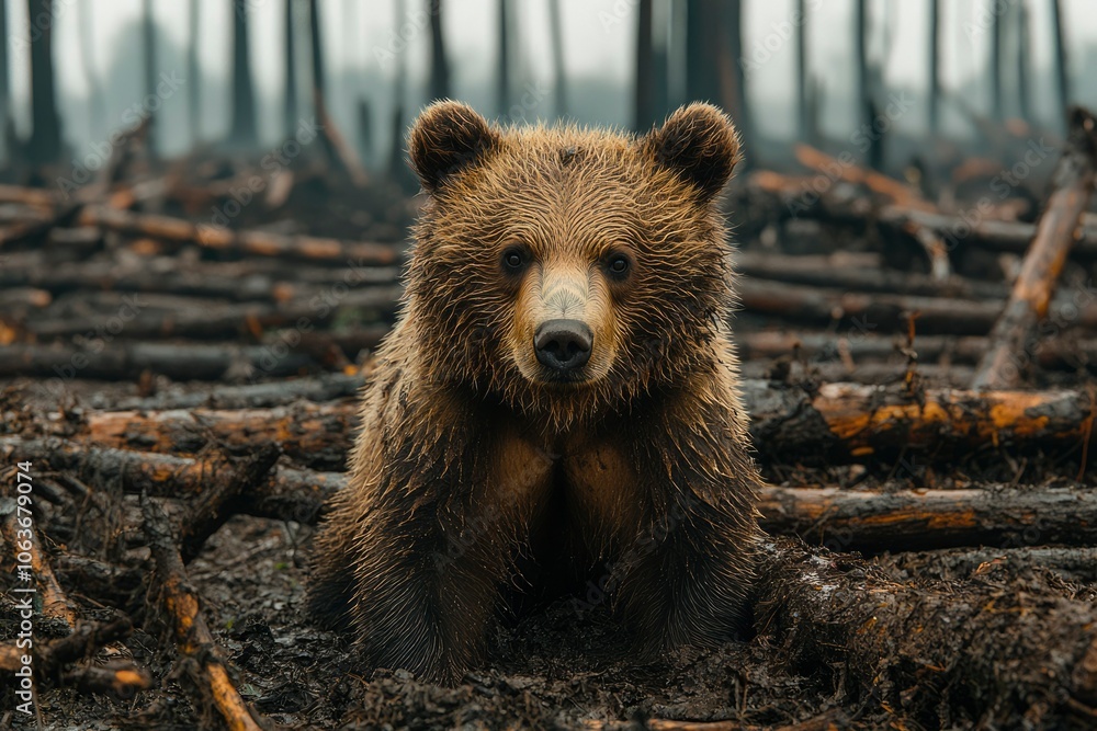 Obraz premium A Young Bear Cub in a Burned Forest