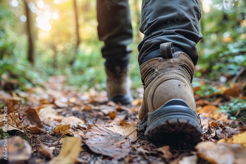 Hiking Through Autumn Woods: A Close-Up View of a Foot on the Trail