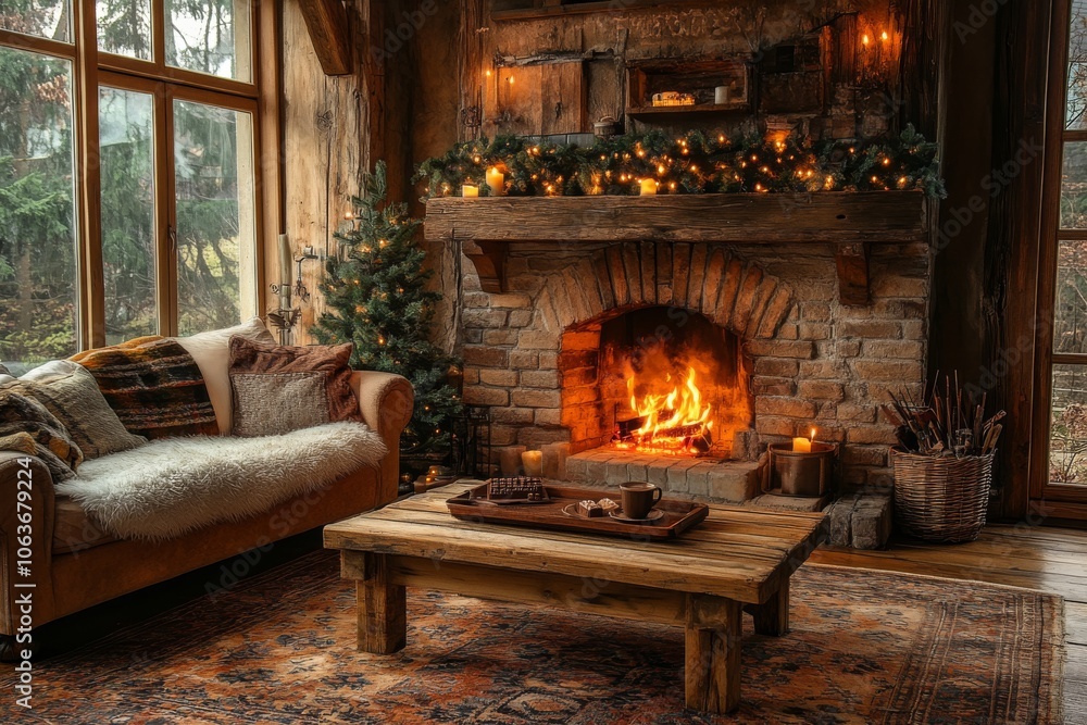 Cozy Cabin Living Room with Fireplace Christmas Decor and Warm Lights Cozy Cabin Living Room with Fireplace Christmas Decor and Warm Lights