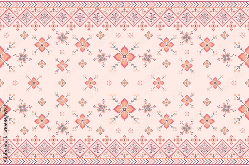 Pixel art flower on pink background wallpaper oriental seamless pattern. Ethnic décor style. Geometric ornament. Vector seamless pattern for blanket, rug, woven carpet fabric.
Pixel art flower on pink background wallpaper oriental seamless pattern. Ethnic décor style. Geometric ornament. Vector seamless pattern for blanket, rug, woven carpet fabric.
