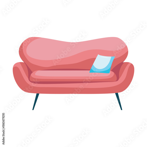 Red rounded sofa with pillow in flat design. Empty luxury stylish divan. Vector illustration isolated.