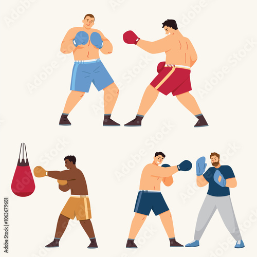 Set of vector illustrations on boxing. It includes male boxers, gloves, a punching bag