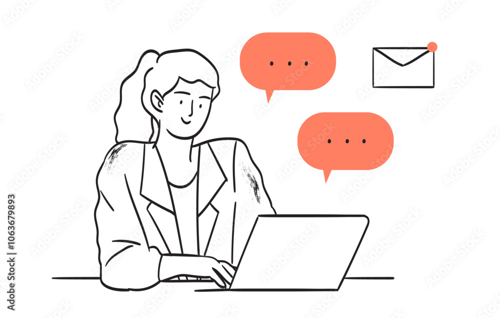 Business woman work online on laptop. Line graphic vector illustration. Manager or seo specialist work on project, website social media promotion. Freelance edit presentation, create or write content. Business woman work online on laptop. Line graphic vector illustration. Manager or seo specialist work on project, website social media promotion. Freelance edit presentation, create or write content.