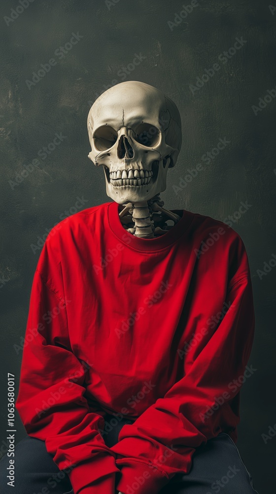 A skeleton with a realistic skull and spine wears a vibrant red sweatshirt, contrasting against a dark, textured background. A skeleton with a realistic skull and spine wears a vibrant red sweatshirt, contrasting against a dark, textured background.