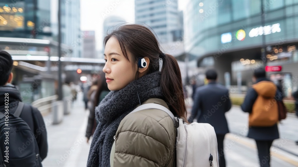 賑やかな街の通りでヘッドフォンで音楽を楽しむ若い女性 賑やかな街の通りでヘッドフォンで音楽を楽しむ若い女性