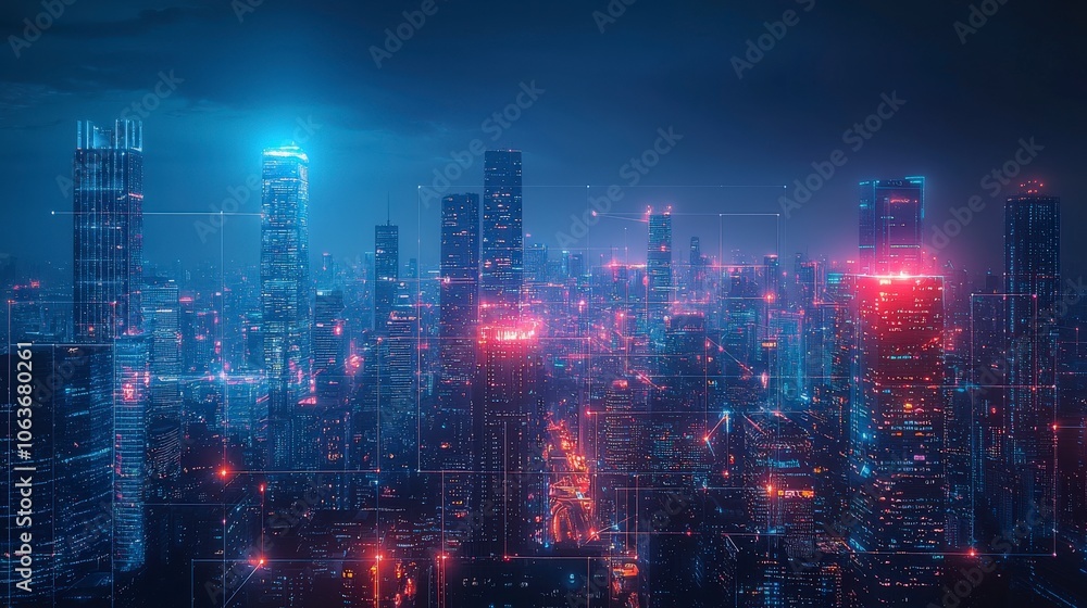 A high-tech cityscape featuring interactive digital elements and skyscrapers in blue and red tones, representing a dynamic, digital age metropolitan environment. A high-tech cityscape featuring interactive digital elements and skyscrapers in blue and red tones, representing a dynamic, digital age metropolitan environment.