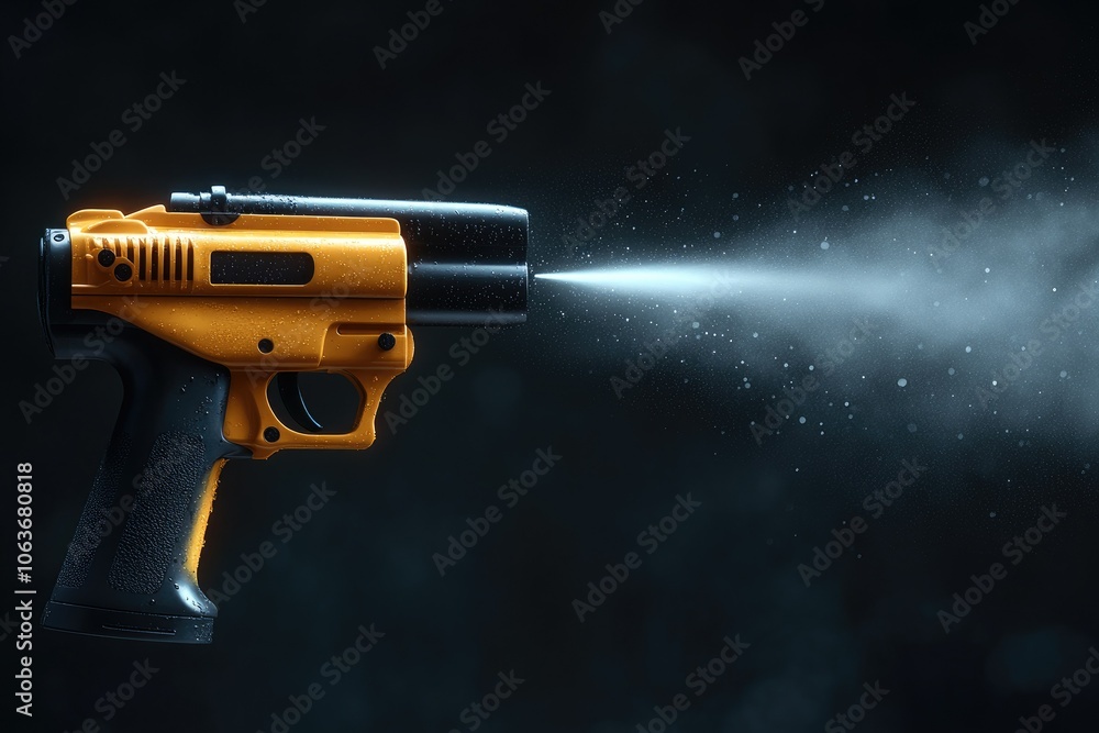 Industrial spray paint gun in action, isolated on a plain background, with misty droplets and copyspace for branding Industrial spray paint gun in action, isolated on a plain background, with misty droplets and copyspace for branding