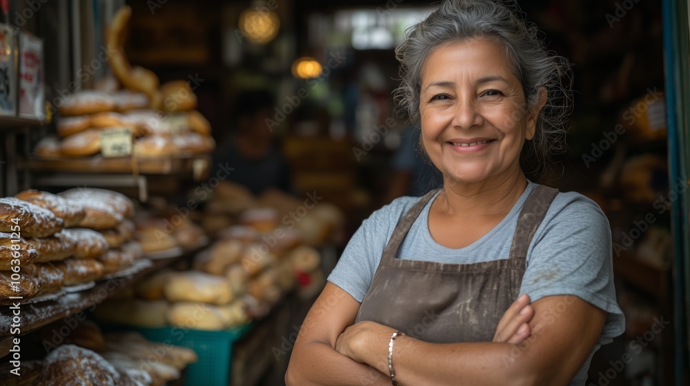 Confident female baker wearing apron stands among freshly baked breads in cozy artisanal bakery, exuding warmth and friendliness. Confident female baker wearing apron stands among freshly baked breads in cozy artisanal bakery, exuding warmth and friendliness.