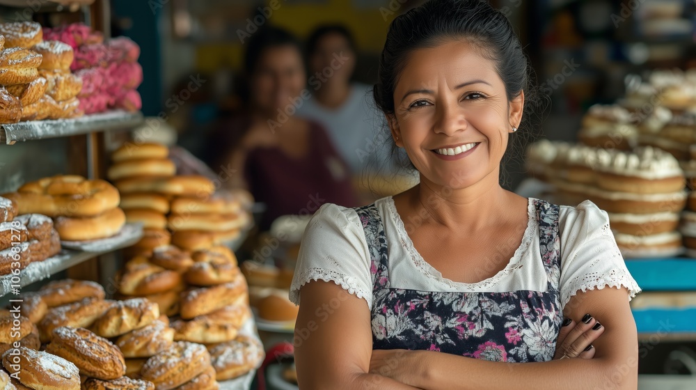 A confident bakery owner stands smiling among an assortment of fresh pastries, showcasing her delightful baked goods. A confident bakery owner stands smiling among an assortment of fresh pastries, showcasing her delightful baked goods.
