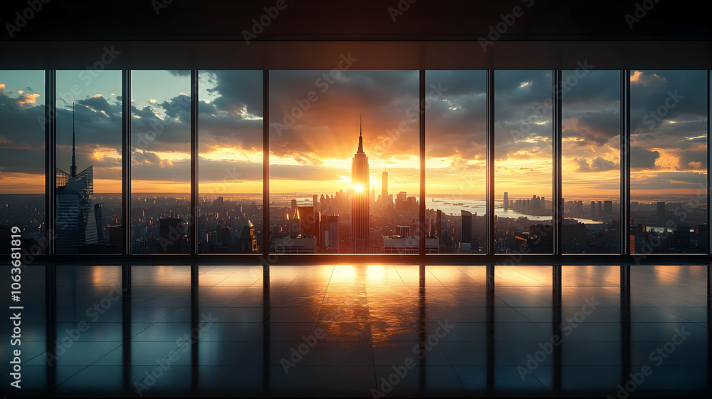 Fototapeta premium Cityscape Sunset View Through Large Windows Realistic Image