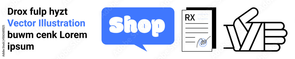 Contains three main elements a blue Shop bubble, an RX prescription document, and a black and white thumbs-up hand. Ideal for online shopping, e-commerce platforms, digital marketing, medical