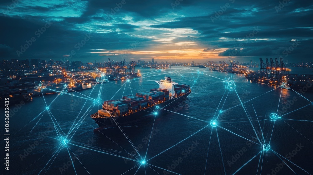 Container ship at sea with digital network links, digital trade network connection concept, global shipping industry, Beautiful Network Container ship at sea with digital network links, digital trade network connection concept, global shipping industry, Beautiful Network