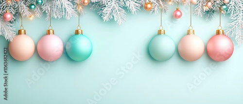 Pastel Christmas ornaments hanging on a pale blue background.