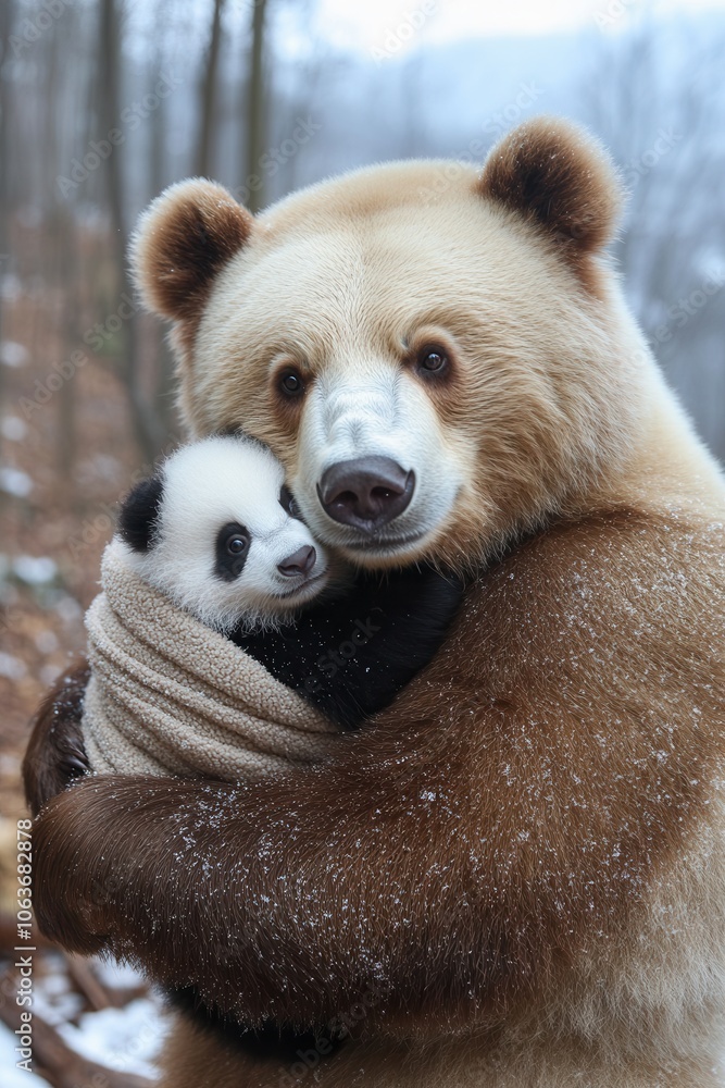 On a winter day in the taiga forest, a brown bear gently covers a panda bear with a blanket. The two bears share a heartwarming moment amidst a snowy landscape, with mountains visible in the backgroun On a winter day in the taiga forest, a brown bear gently covers a panda bear with a blanket. The two bears share a heartwarming moment amidst a snowy landscape, with mountains visible in the backgroun