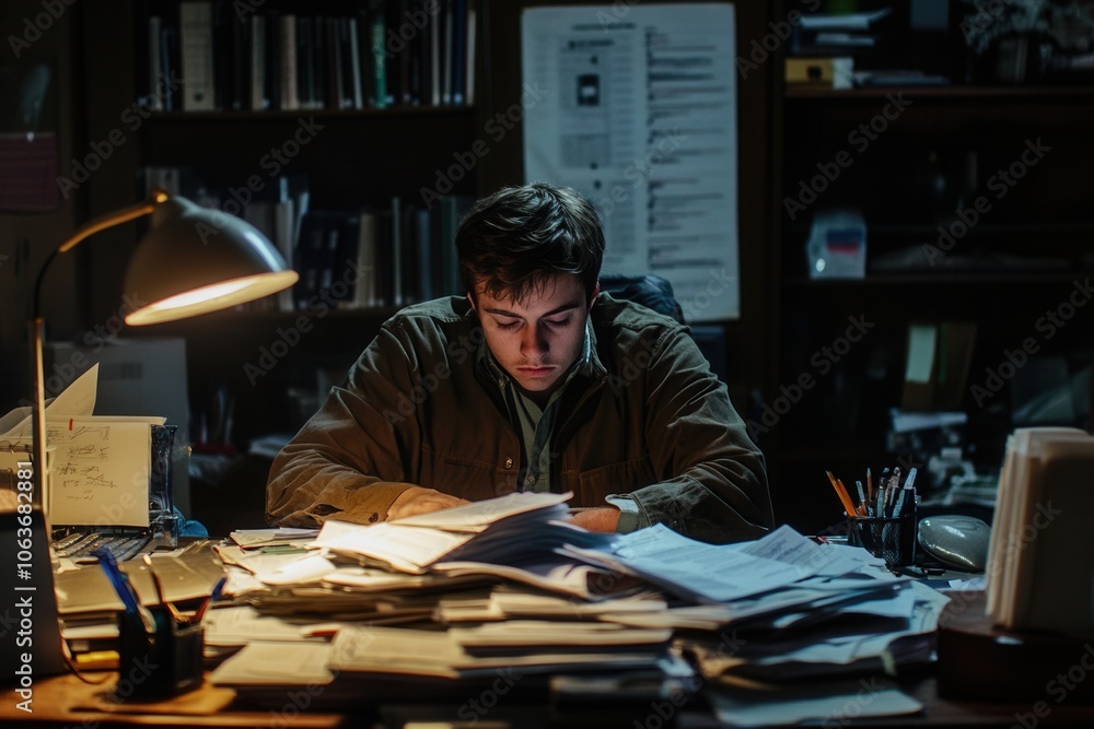 A young professional appears fatigued while working at a cluttered desk filled with paperwork. The moody lighting creates an atmosphere of stress and overwhelm in this busy office environment. A young professional appears fatigued while working at a cluttered desk filled with paperwork. The moody lighting creates an atmosphere of stress and overwhelm in this busy office environment.
