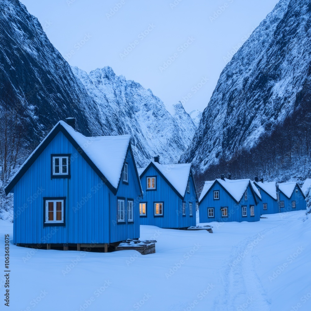 Snow-covered blue houses nestled in a mountainous winter landscape. Snow-covered blue houses nestled in a mountainous winter landscape.