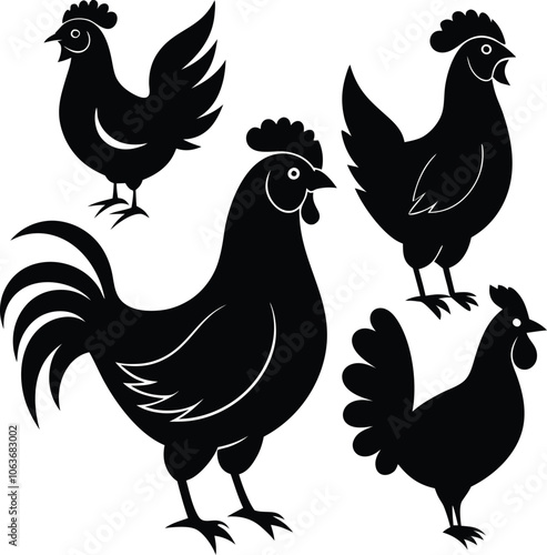 Set of vector black silhouette of a hen vector on a white background