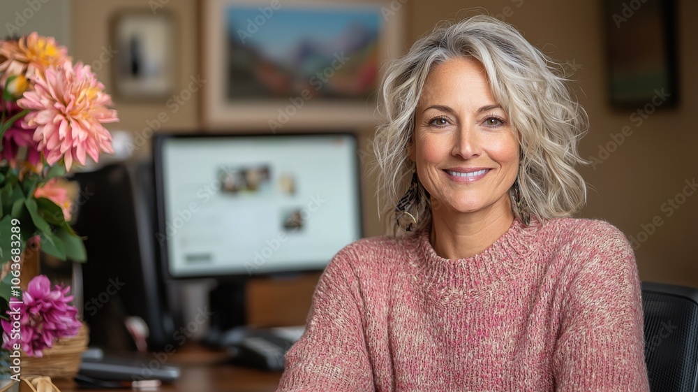Smiling woman in a cozy sweater, sitting at a desk with flowers and computer. Smiling woman in a cozy sweater, sitting at a desk with flowers and computer.