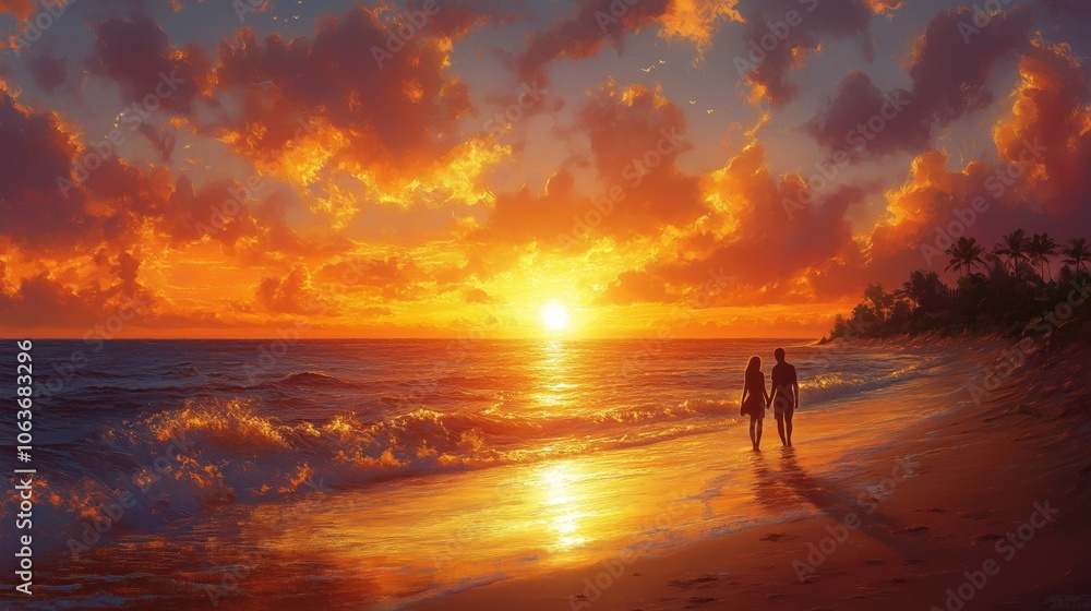 A couple strolls along the beach at sunset, surrounded by vibrant sky colors and gentle ocean waves, creating a romantic scene. A couple strolls along the beach at sunset, surrounded by vibrant sky colors and gentle ocean waves, creating a romantic scene.