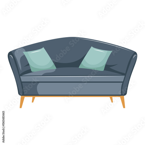 Grey sofa with pillows in flat design. Modern furniture for home interior. Vector illustration isolated.