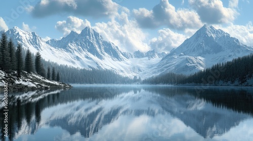 Snow-capped mountain range with a clear, icy blue lake in the foreground, crisp winter lighting, dramatic clouds in the sky, stunning reflections" .