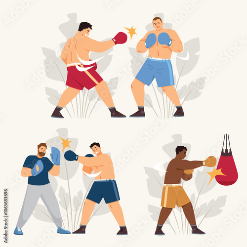 Boxing vector illustration set of athletes.
