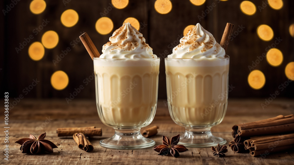 Two glasses of eggnog with whipped cream on the table, festive drink, winter alcoholic cocktail, close up Two glasses of eggnog with whipped cream on the table, festive drink, winter alcoholic cocktail, close up