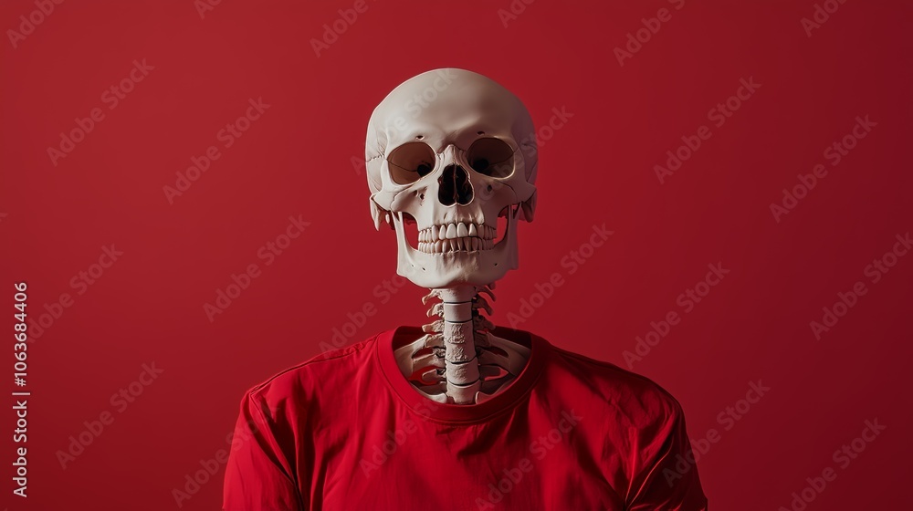 A human skeleton model wears a red shirt, set against a matching red background, creating a striking and surreal image. A human skeleton model wears a red shirt, set against a matching red background, creating a striking and surreal image.